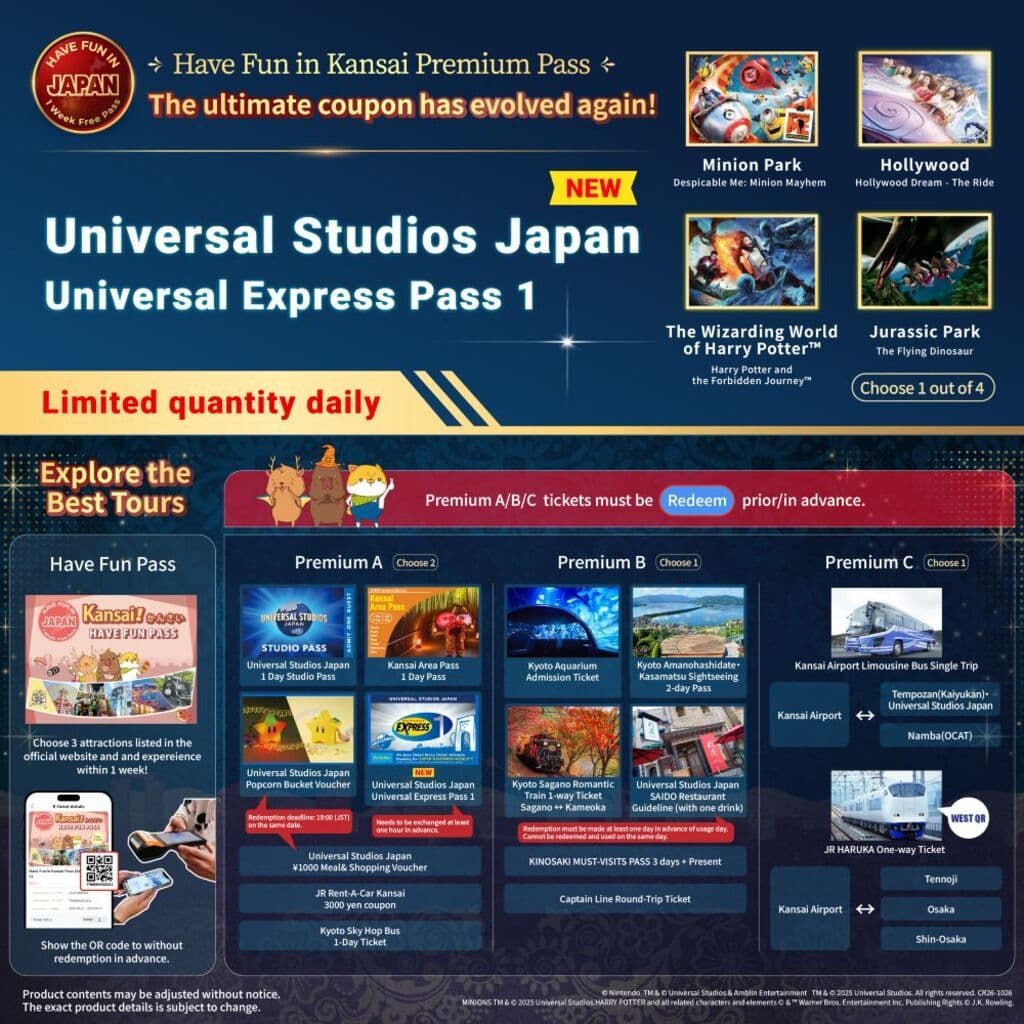 [Optional Universal Studios Japan/JR Pass] Premium Have Fun in Kansai Pass 1-Wochen-Freipass