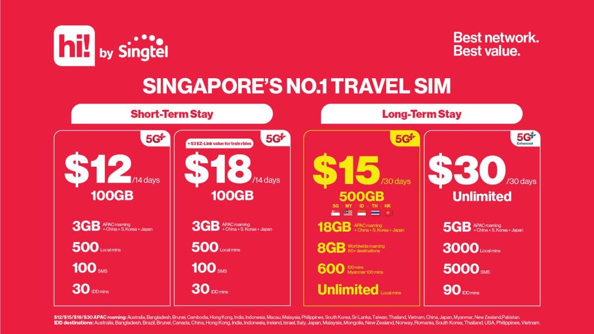 Servizi prepagati - Le migliori SIM card 5G+ per Singapore / Carte turistiche con opzione carta trasporti (Ritiro in aeroporto/città)